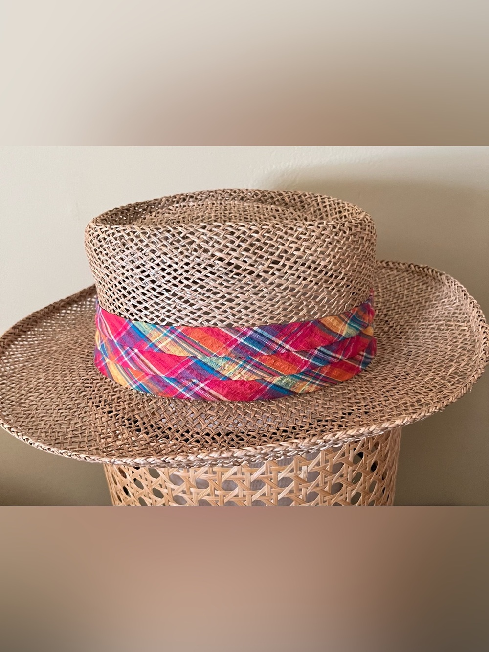 Woven Straw Sun Hat with Bright Plaid Band | One Size